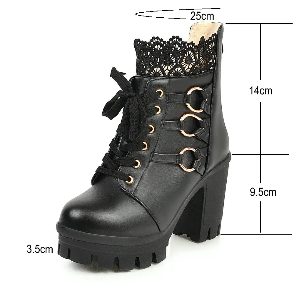 Women Chunky Platform Ankle Boots Lolita Super High Heel Lace Up Boots Sweet Lace Back Zipper Princess Cosplay Shoes Black White