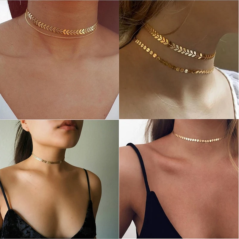 Fashion Jewelry Two Layer Chocker Necklace Fish Bone Coin Shape Chain Choker Plated For Women Girls Gift Accessory