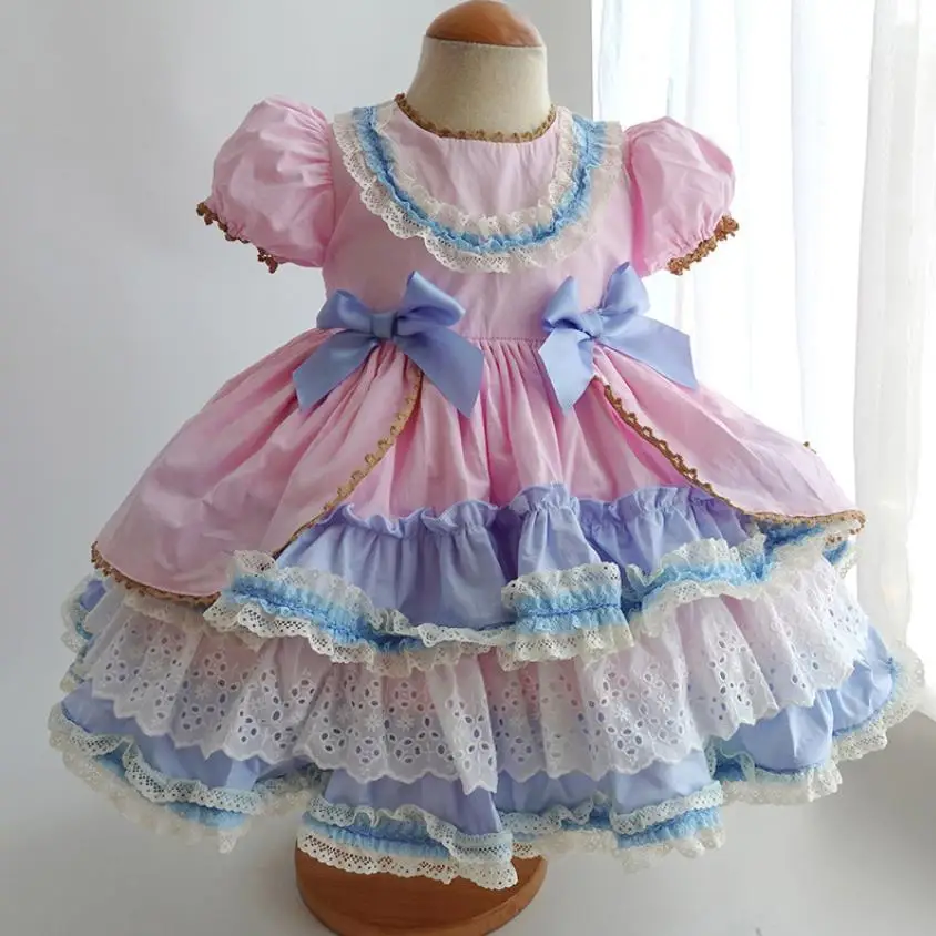 Baby Clothes Spanish Vintage Lolita Princess Ball Gown Lace Stitching Sweet Cute Birthday Party Dress For Girls Y2684