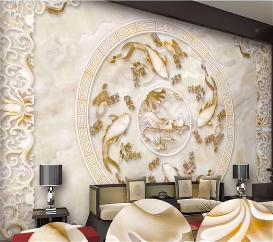 

wellyu Custom large frescoes mandarin duck carp lotus pattern marble embossed TV sofa background wall wallpaper