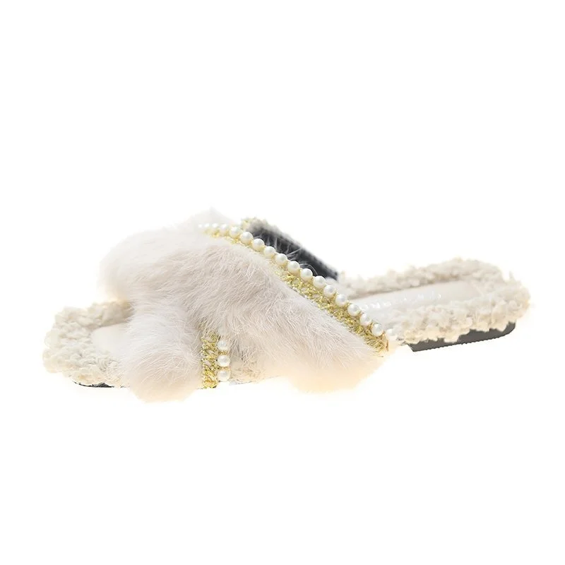 Autumn Fluffy Raccoon Fur Slippers Shoes Women Real Fox Fur Flip Flop Flat Furry Fur Slides Outdoor Sandals Woman Amazing Shoes