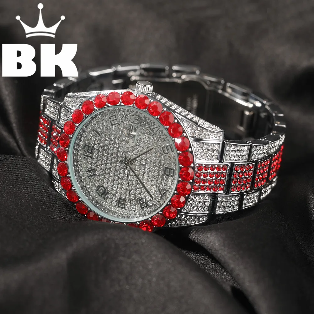 Hip Hop Full Iced Out Full Drill Big Red Round Watch Stainless Steel Fashion Luxury Rhinestones Quartz Square Business Watch