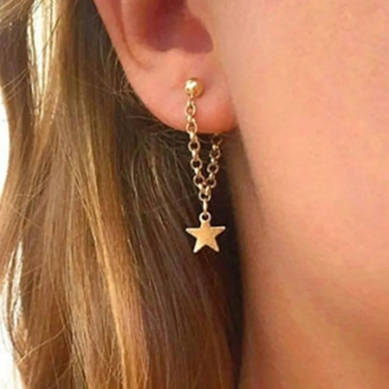 Fashion Simple Personality Pentagram Star Back Hanging Drop Earrings Korean Metal Chain Dangle Brincos Women\'s Jewelry