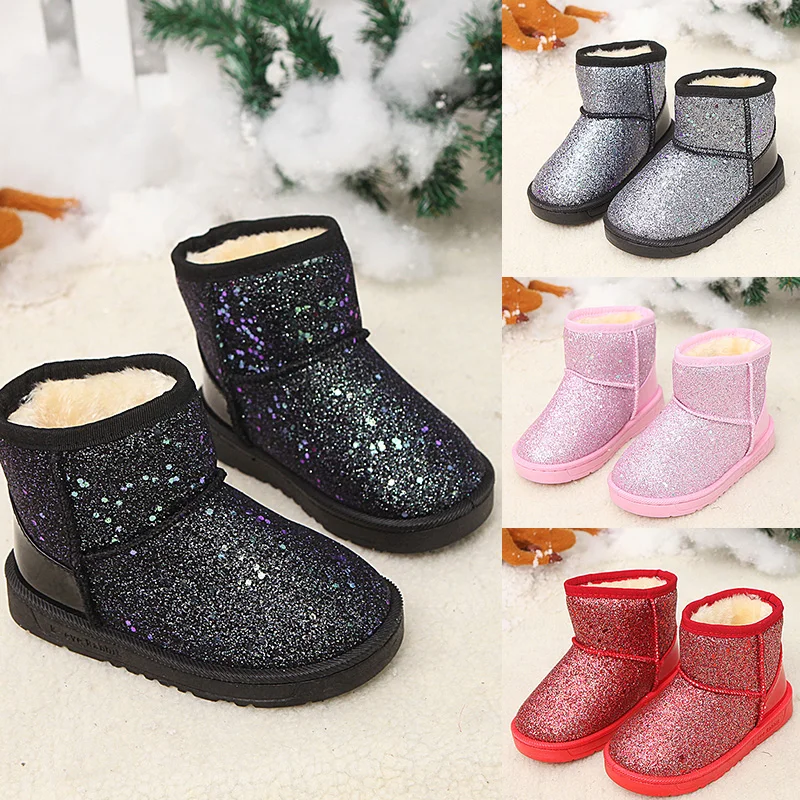 New Year Sequined Kids Cotton Shoes Winter Red Girls Snow Boots For Children Princess Plush Warm Boot Kids Christmas Shoes 3-13T