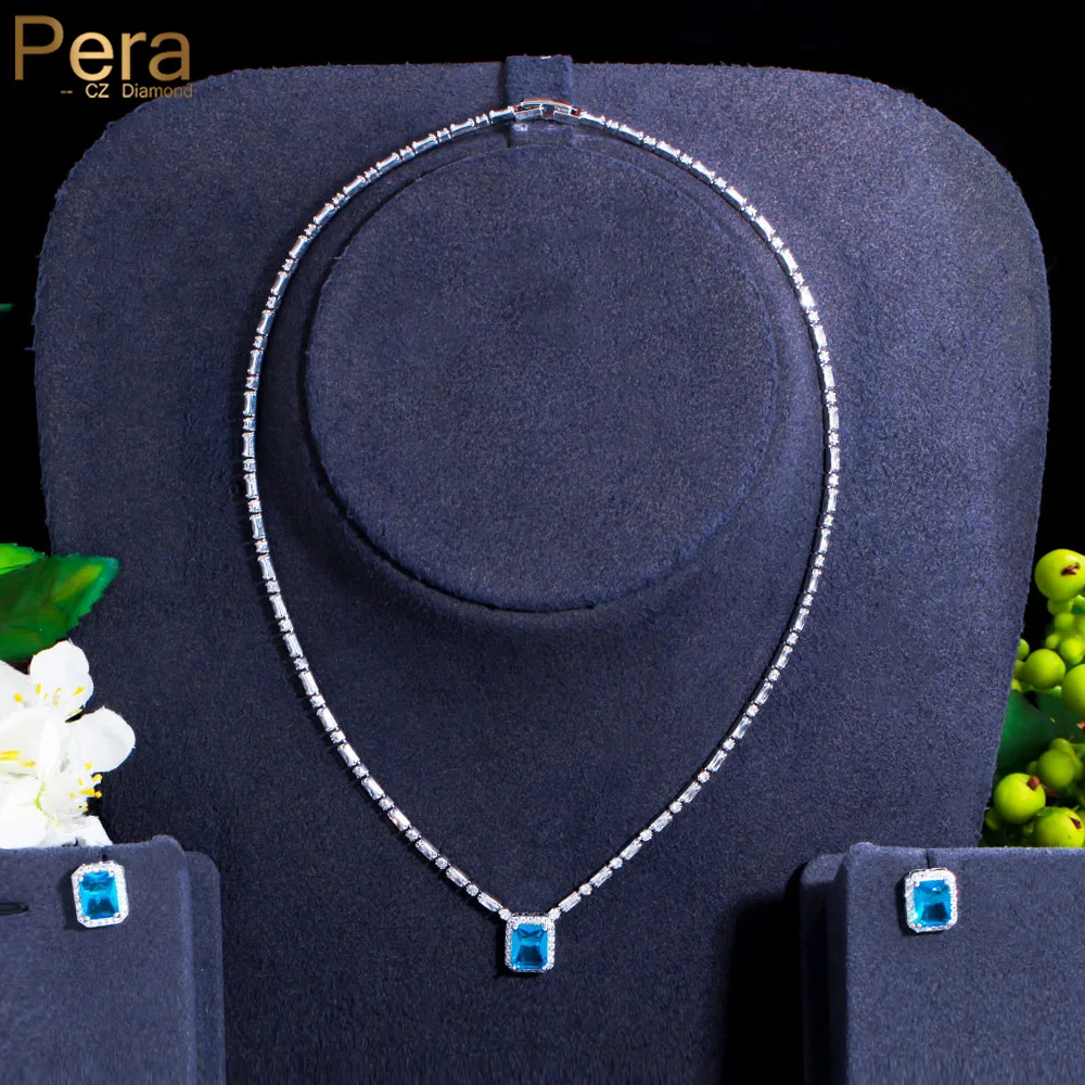 

Pera Precious Light Blue Cubic Zirconia Square Pendant Necklace and Earrings 2023 Trendy Women Christmas Party Jewelry Sets J475