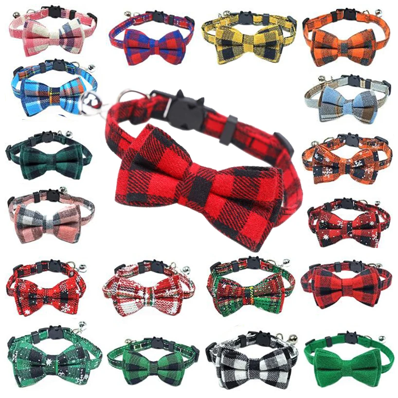 Bowknot Breakaway Cat Collar Bow Tie Safety Buckle Plaid Christmas Chihuahua Necklace Elastic Adjustable Dog Collar for Puppy