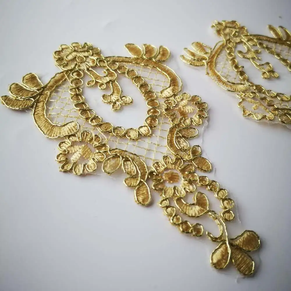 10Pcs/15X9cm Gold Colour Gold Cord Outline Venise Lace Appliques Embroider Patch Wedding Dress Lace Decoration DIY