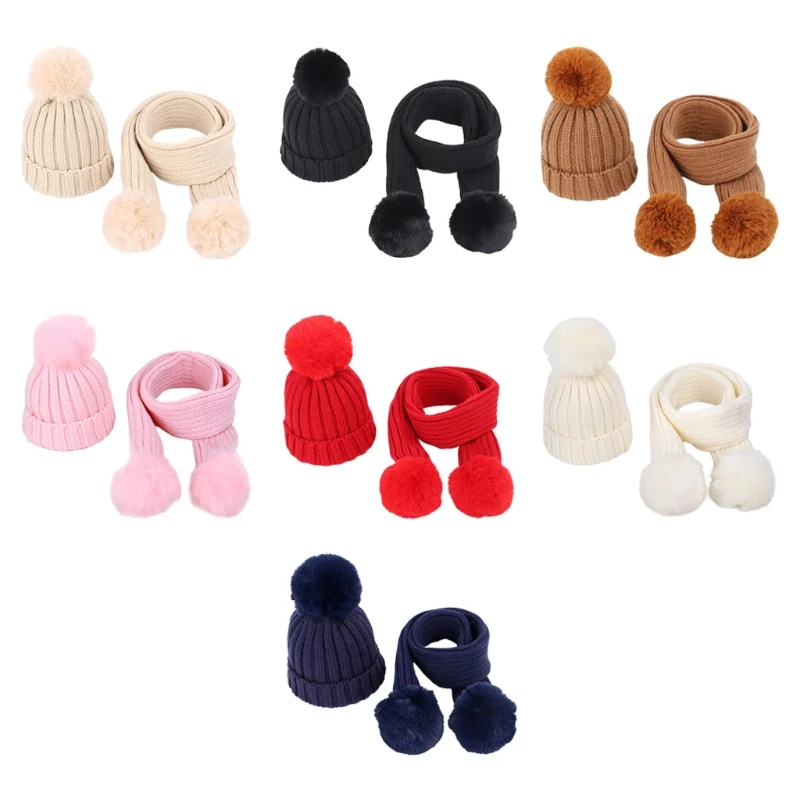 2pcs Children Knitted Beanie Hat Scarf Set Infant Baby Fake Ball Pom Pom Cap Warm Winter Thick Beanies