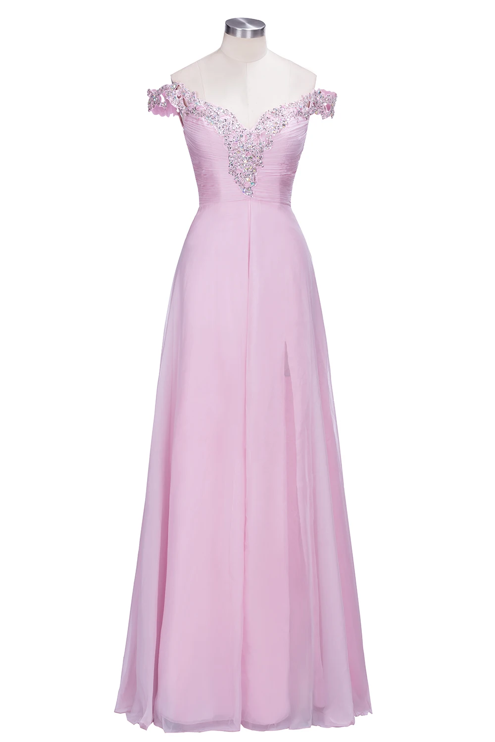 Robe de soirée longue rose en mousseline de soie, élégante, épaules dénudées, ligne A, perlée, tenue de soirée formelle