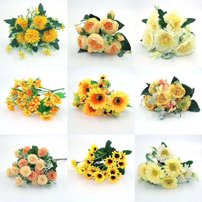 Yellow variety autumn fake tea rose peony silk flower autumn gerbera daisy fake flower plastic DIY wedding home accessories