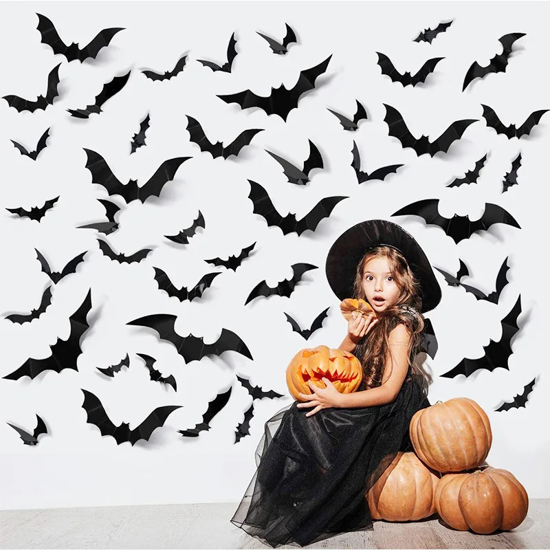 12 pcs Halloween Decoration 3D Black PVC Bat Halloween Party DIY Decor Bar Room Halloween Party Scary Decos Props Wall Sticker