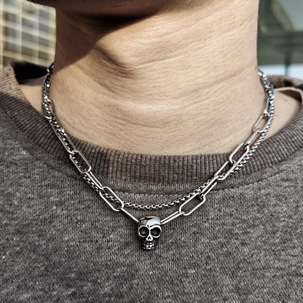 Skull Chain for Men Double Layered Stainless Steel Box Cable Link Charm Choker Necklace Toggle Clasp Wholesale Jewelry LDN229