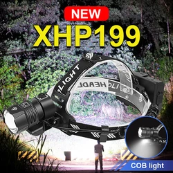 XHP199 Linterna frontal LED más potente 18650 Linterna frontal USB Luz de lámpara principal recargable XHP90 IPX8 Linterna de pesca impermeable