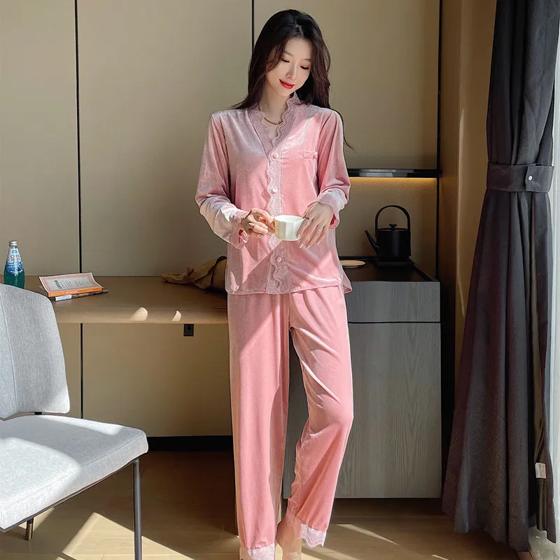 

Autumn New Nightwear Intimate Lingerie Sexy Lace Velvet 2pcs Pajamas Suit Long Sleeve Women Home Clothing V-Neck Pyjamas