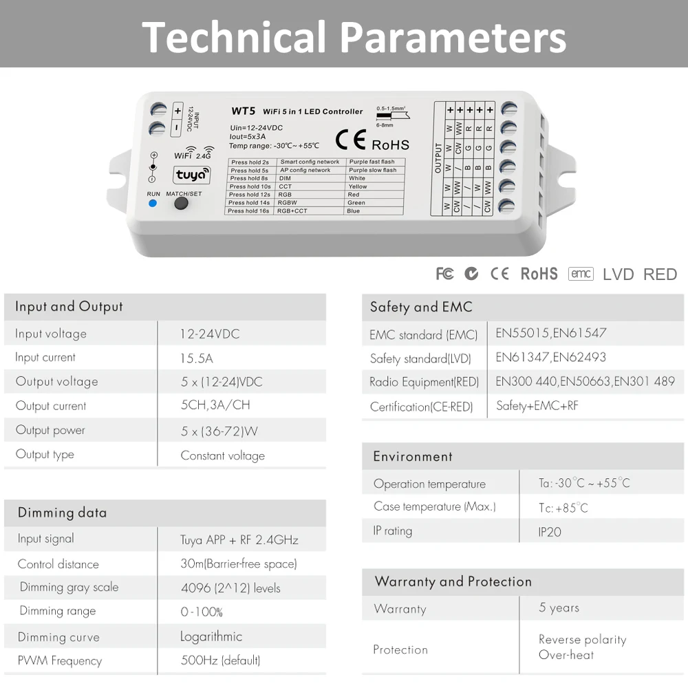 RGBW RGB CCT Controller Tuya Smart Life Wifi Dimmer 12V 24V 2.4G RF Wireless 5in1 RGBCCT LED Strip Light Remote Controler WT5