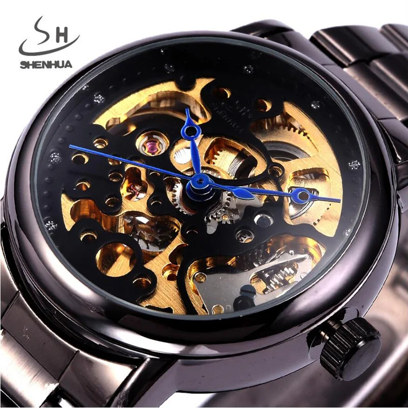 New SHENHUA Skeleton Watch Women Fashion Steampunk Black Automatic Mechanical Women Watches Casual Ladies Watch relogio feminino