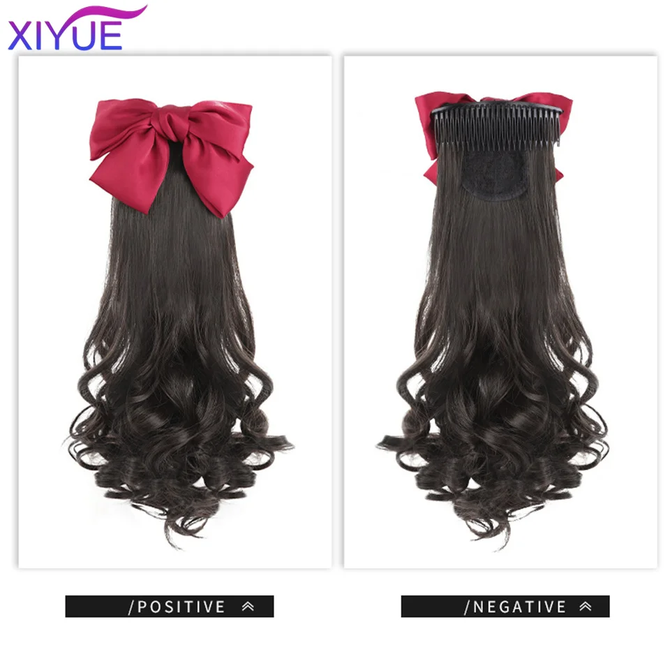 XIYUE Long Wavy Wrap Around Clip In Ponytail Hair Extension Heat Resistant Synthetic Natural Wave With Bow Pony Tail Fake Hair