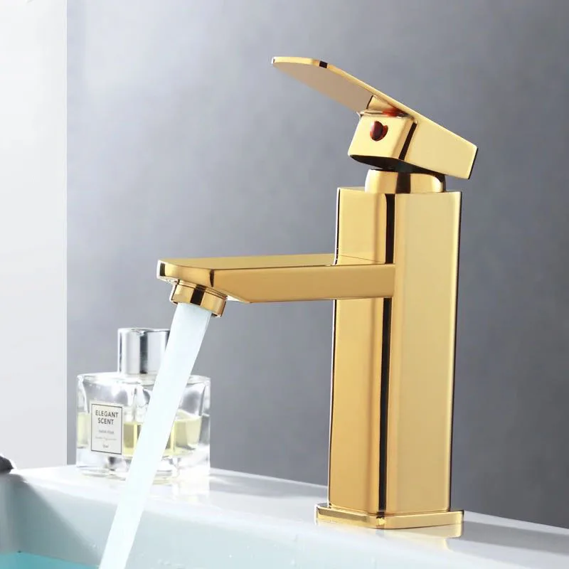 Square Gold and Black Basin Faucet Bathroom Washbasin Mixer Tap Single Hole Baking Paint Cold Hot Sink Taps Waterfall Faucut