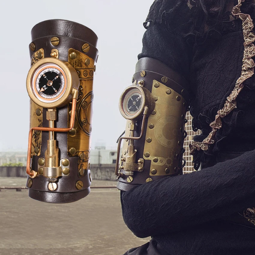 

Steampunk Arm Sleeve Cosplay Anime Accessories Armor Gear Mechanical Compass Metal Leather Prop Costumes for Woman Role Playing