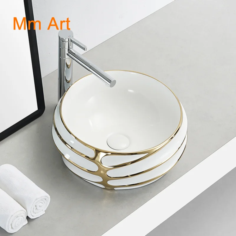 

ceramic table top washroom lavatory lavabo modern bathroom sink art basin gold and white face hand wash basin Bathroom sink