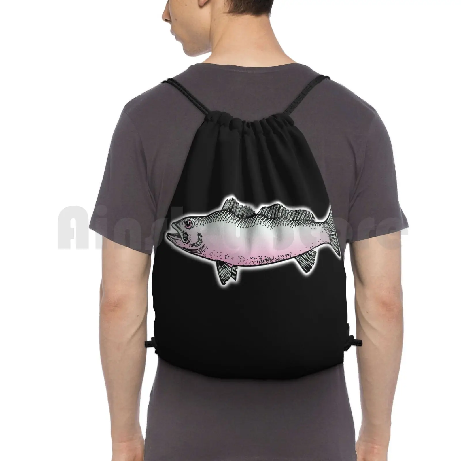 Fish , Side View Of A Fish. Backpack Drawstring Bags Gym Bag Waterproof Fish Skeleton Bones Salmon Left Over Weird Fun