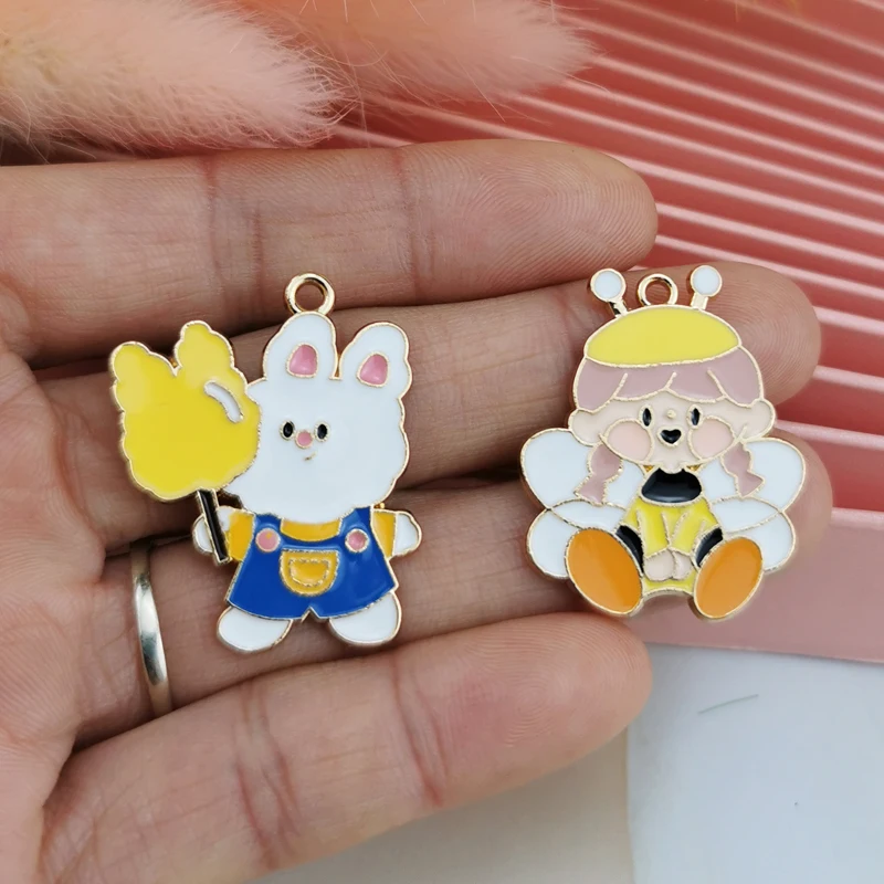 10pcs/lot Metal Cartoon Enamel Charms Marshmallow Bunny Bee Dog Earrings Keychain Pendants Jewelry Findings Phone Case DIY Decor