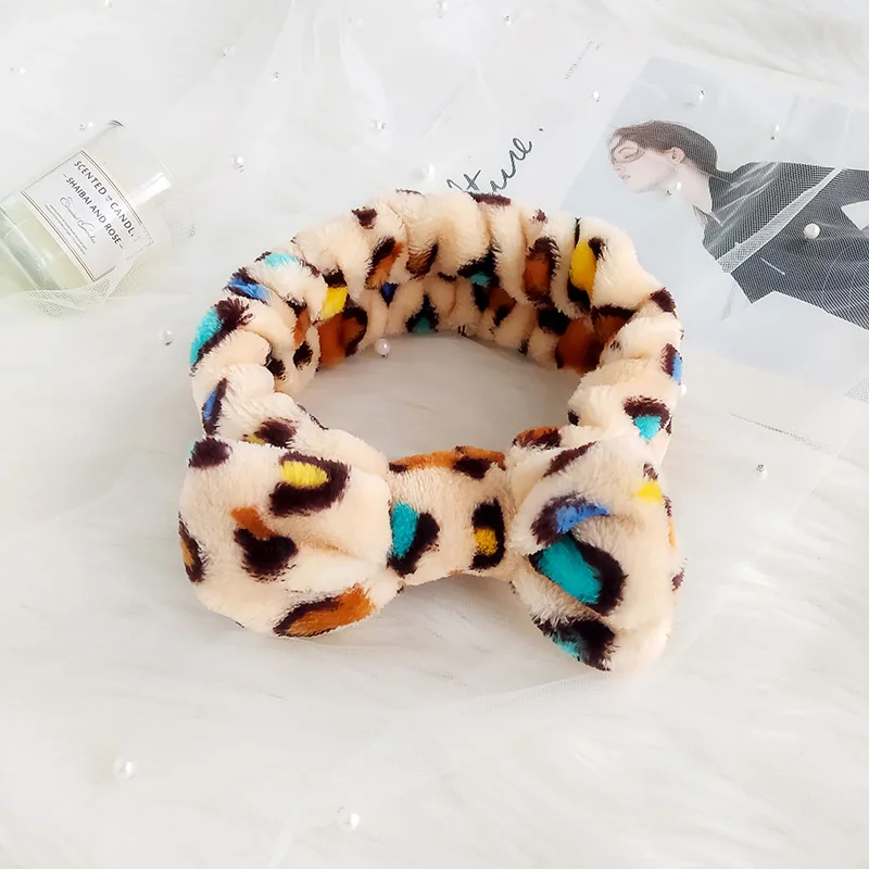 Leopard Print Versatile Girl Headwear Soft Skin Care Coral Fleece Shower Facial Make Up Bow Knot Lady Gym Sports Headbands