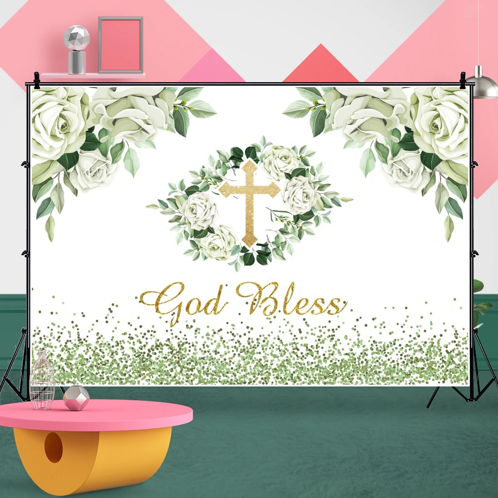 Laeacco God Bless การถ่ายภาพพื้นหลังดอกไม้ Cross สีเขียว Dot Palka ตกแต่งที่กำหนดเองฉากหลังสำหรับ Photo Studio Photozone