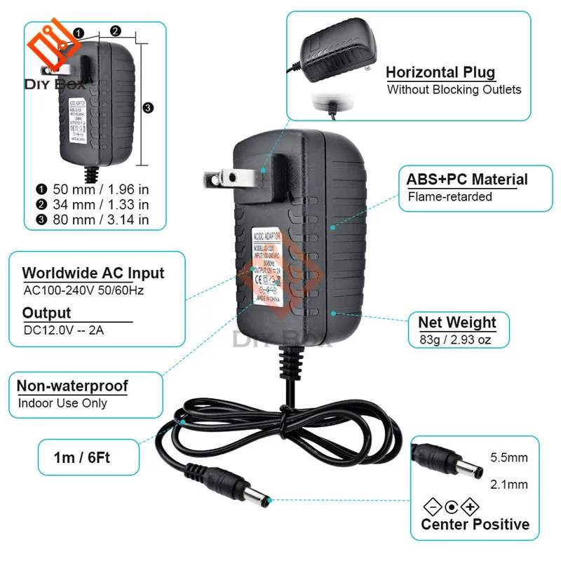 AC 100 -240V DC 12V 2A EU US wtyczka zasilania konwerter zasilacz ładowarka 5.5*2.1mm długość linii interfejsu 1m