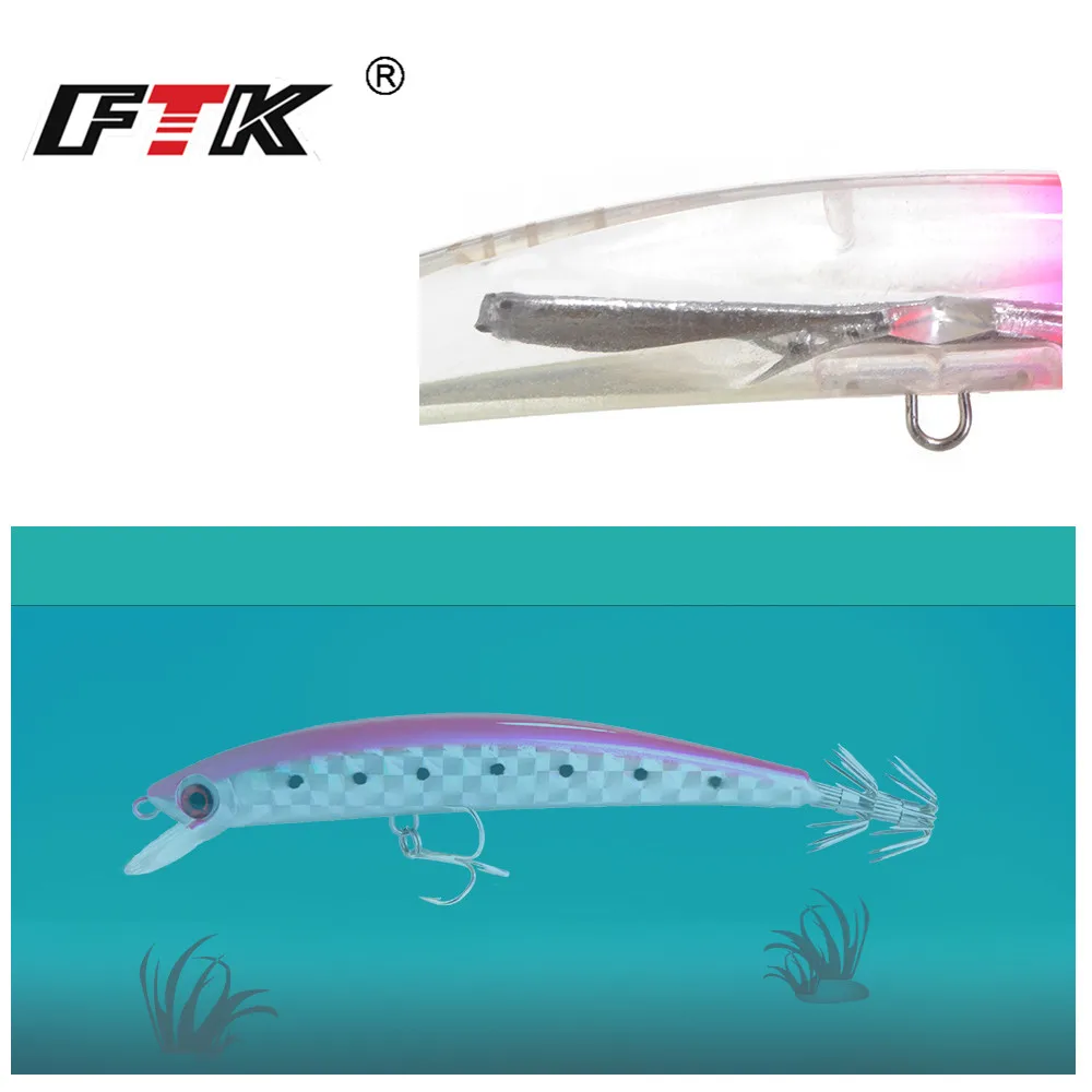 FTK Minnow Wobblers señuelo de pesca 120mm 23g anzuelo de calamar ojos 3D madera camarones mar cebo Artificial duro