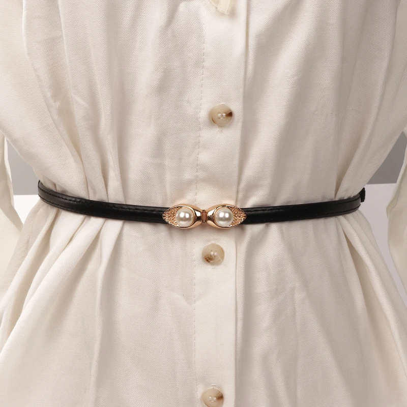 

Pearl Alloy Buckle Belt dress Solid Faux Leather thin cummerbunds adjustable design Casual All-Match Long Women party waistbands