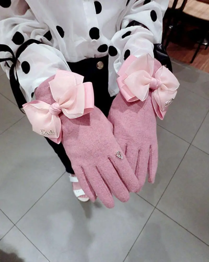 Letter Ribbon Bowknot Drop Ring Cashmere Gloves Korean Fashion Touch Screen Gloves Five Finger Thickening Warm Gloves Women