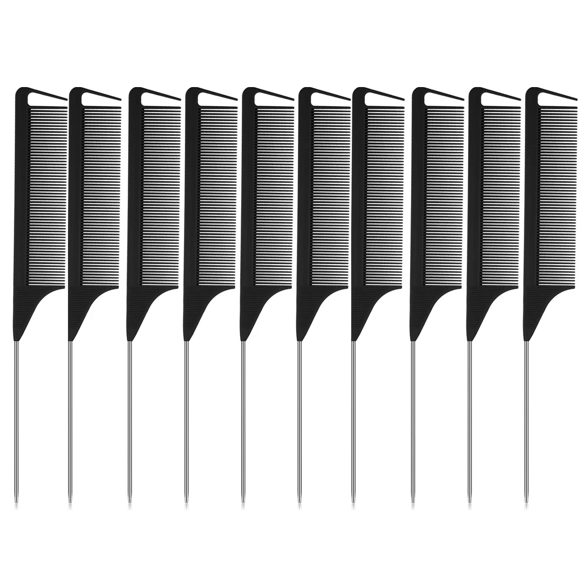 10 Pieces Rat Tail Comb Steel Pin Rat Tail Carbon Fiber Heat Resistant Teasing Combs with Stainless Steel Pintail