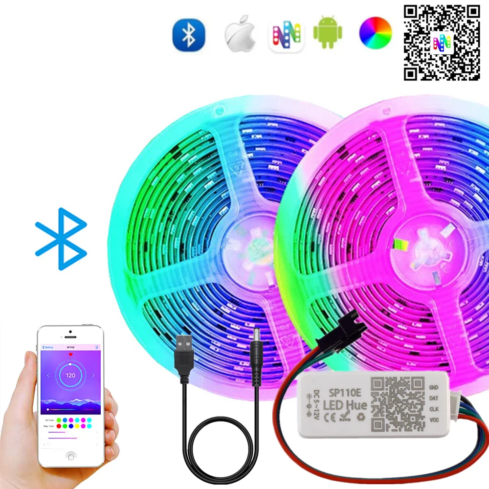

Пиксельная Светодиодная лента WS2812B, Управление по Bluetooth, с USB-контроллером SP110E, умная лампа WS2812 Dream Color Lamp, 1 м/2 м/3 м/4 м/5 м постоянного тока, 5 В