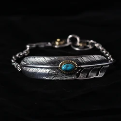 100% Pure 925 Sterling Silver Feather Bracelets Fashion Punk Hand Chain For Men Inlaid Turquoise Jewelry Charm Homme GOB002