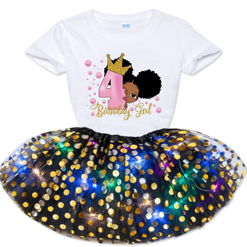 Black princess birthday Girls Dress Sets Party Casual Dress little Girls Short Sleeve T shirt tutu Dress Suit king 3 4 5 6 years