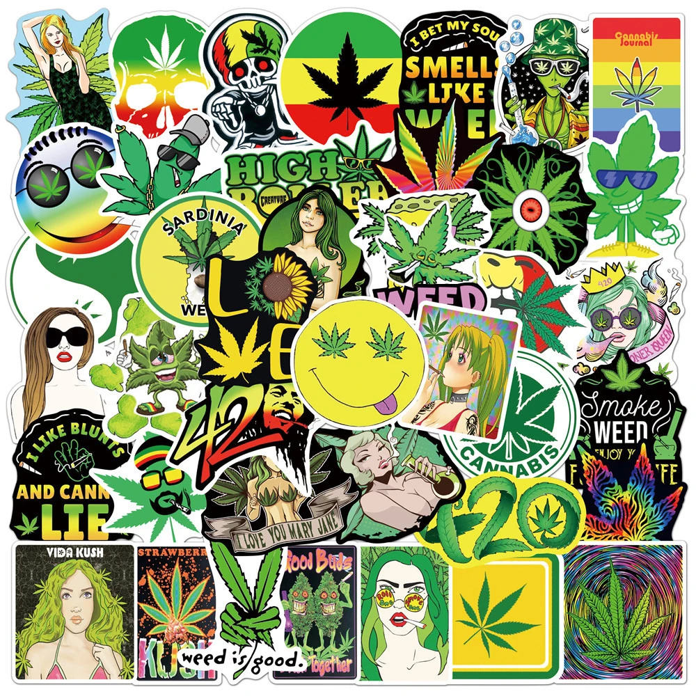 10/30/50pcs Hemp Leaf Weed Stickers DIY Phone Helmet Luggage Notebook Laptop Car Suitcase Waterproof Graffiti Kids Sticker Toy