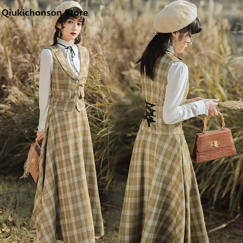 Damen-Outfits, Frühling und Herbst, Vintage-Stil, England-Stil, elegante Damen, karierter Rücken, Schnürung, bauchfreier Anzug, Weste, Hemd, Maxirock, 3-teiliges Set