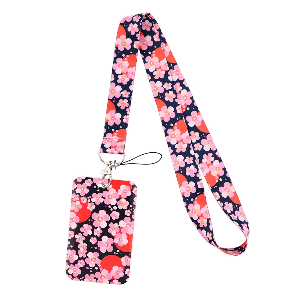 CB896 Cherry Blossoms New Fashion Flowers Lanyard Credit Card ID Holder Bag Student Women Bank Bus Business Card Cover Badge