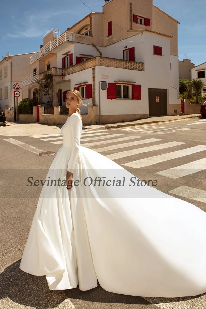 Sevintage-vestidos de novia de satén de manga larga con Espalda descubierta, ropa de novia para fiesta, Playa