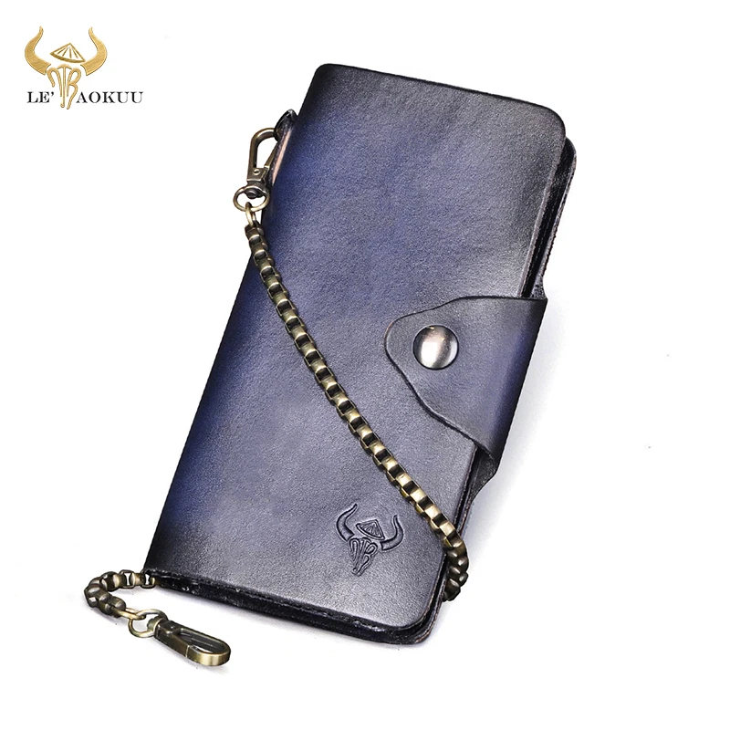 

2021 Male Real Natural Leather Retro Checkbook Business Card Holder Chain Organizer Long Men's Wallet Purse Design Clutch 001