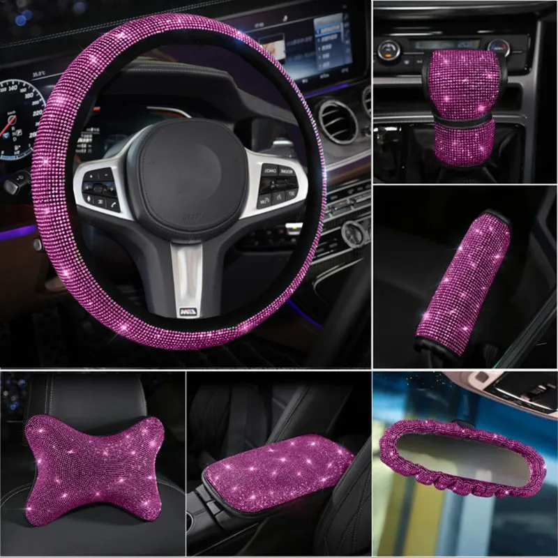 

Pink Hot Drilling Rhinestones Headrest Pillow Handbrake Cover Car Steering Wheel Cover Car Interior Accessori