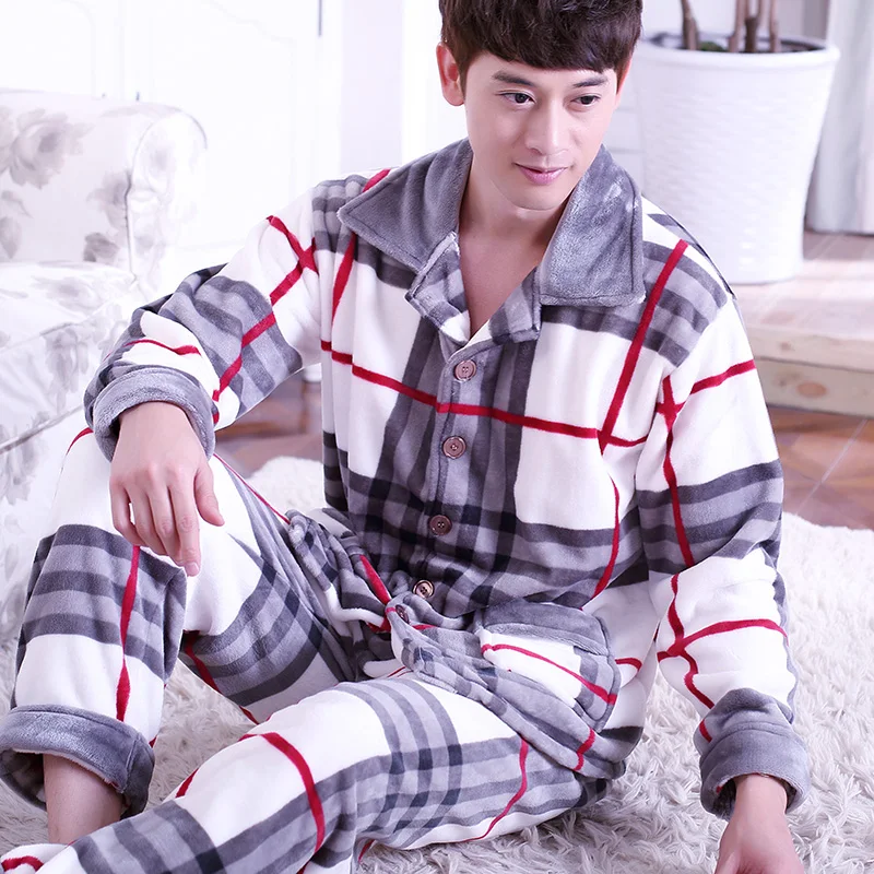 H5750 Autumn Winter Coral Fleece Pajamas Men Long Sleeve Cute Flannel Home Wear Suit Male Turn Down Causal Leisure Sleepwear