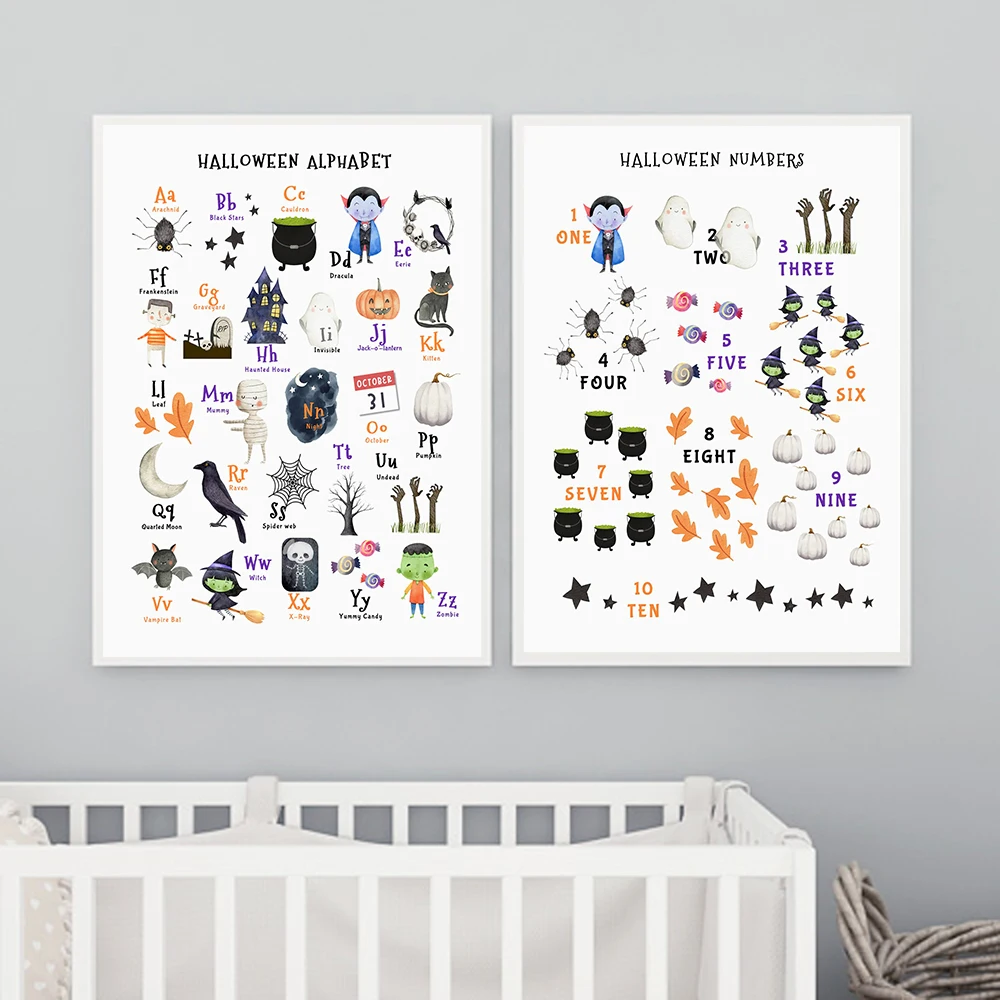 

Halloween Alphabet And Number Wall Art Canvas Painting Homeschool Learning Classroom Poster Picture For Kids Halloween Decor