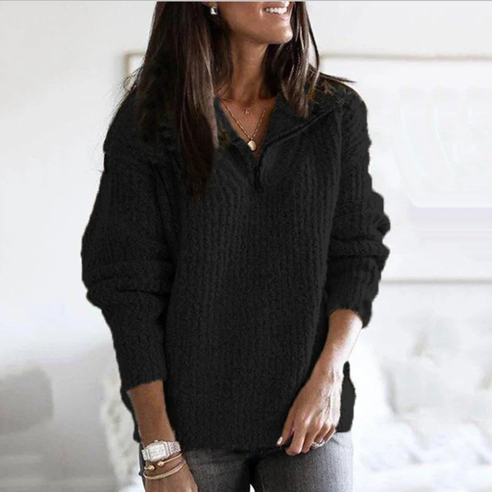 Warm Pullover Sweater Women Autumn Winter Fashion Solid Color Long Sleeve Knitwear Zip Neck Loose Knitted Sweater Jumper Top