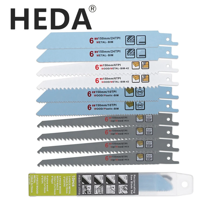 HEDA 10PCS/Set 150mm/6 Inch HCS Bim Reciprocating Saw Blades Cutting Saber Saw For Wood With Nail Plastic Cast Iron PVC