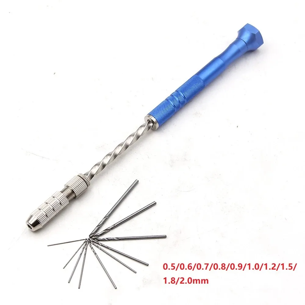 Set di trapano a torsione manuale semiautomatico da 0.5-3mm con punte piccole da 10 pezzi e mandrini a doppio lato da 2 pezzi per la perforazione di utensili con manico in legno