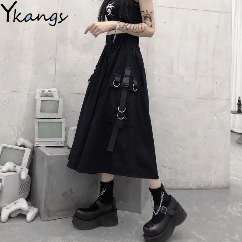 

Summer Black Cargo Skirts Girls gothic chain Side Ring Pocket Midi Skirt Women Korean Hip Hop Streetwear Harajuku Long Saia 2021