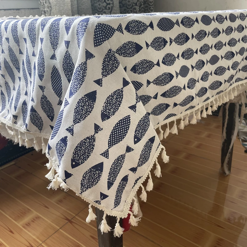 Mantel grueso de lino y algodón, cubierta sencilla con estampado de peces azules, mantel lavable de estilo japonés para mesa de té de boda