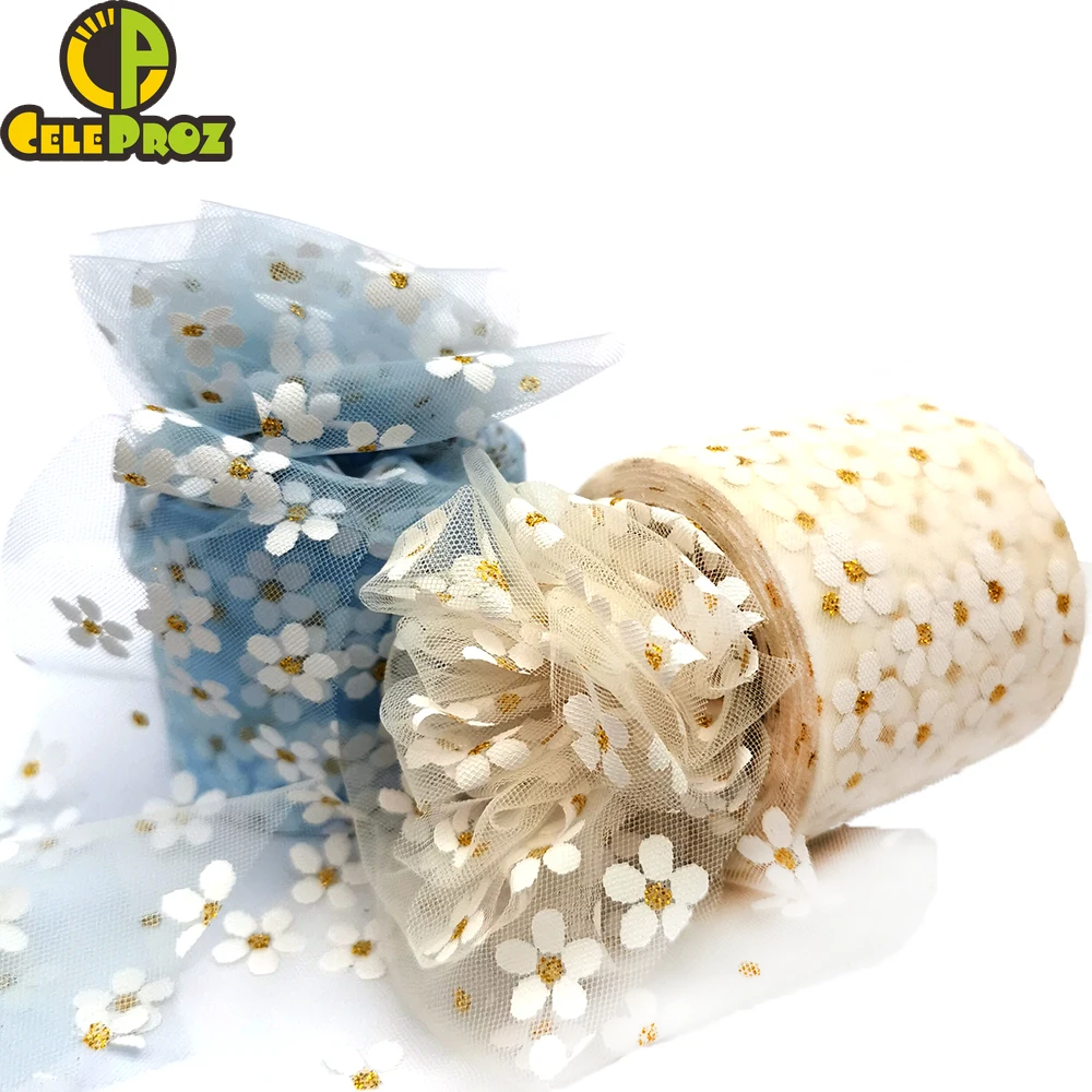 6cm 25Yards Floret Tulle Daisy Ribbon Roll DIY Handmade Craft Hair Ornament Baking Cherry Blossoms Printed Mesh Fabric Supplies